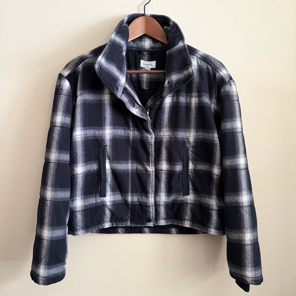 Evereve Cropped Plaid Jacket XS Black White Brushed Shirt Jacket